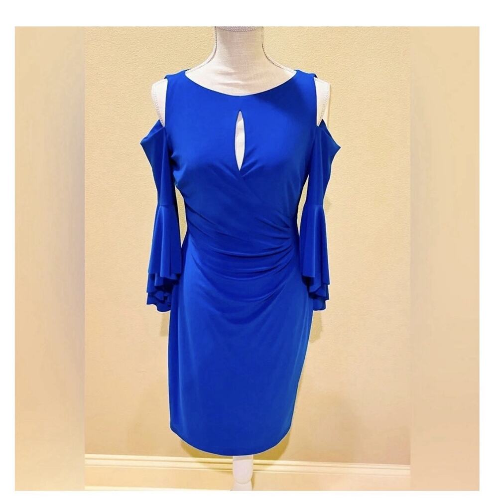 Lauren Ralph Lauren Royal Blue Cold Shoulder Ruched Side Stretch Dress Sz 14